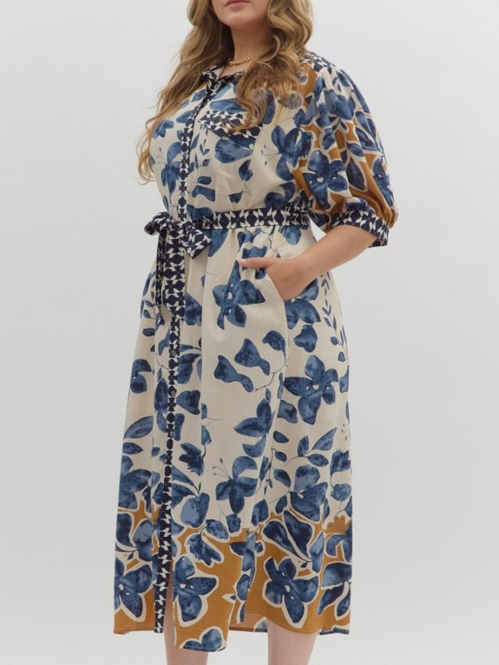 NWT Entro Slate Blue Botanical Midi Shirt Dress with Tie Waist (Plus Sizes) - Picture 3 of 7